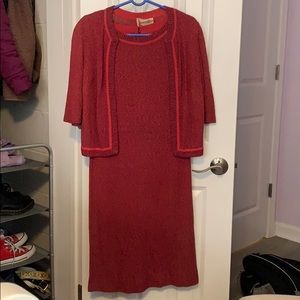 Red Knit Vintage Dress and 1/4 Length Cardigan Set